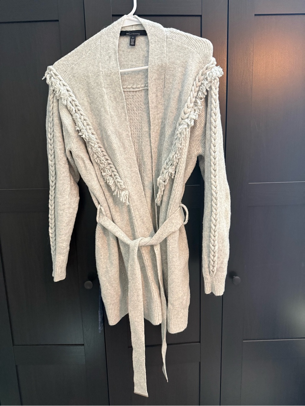 White House Black Market Fringe Gray Belted Cardigan Sweater Size S
